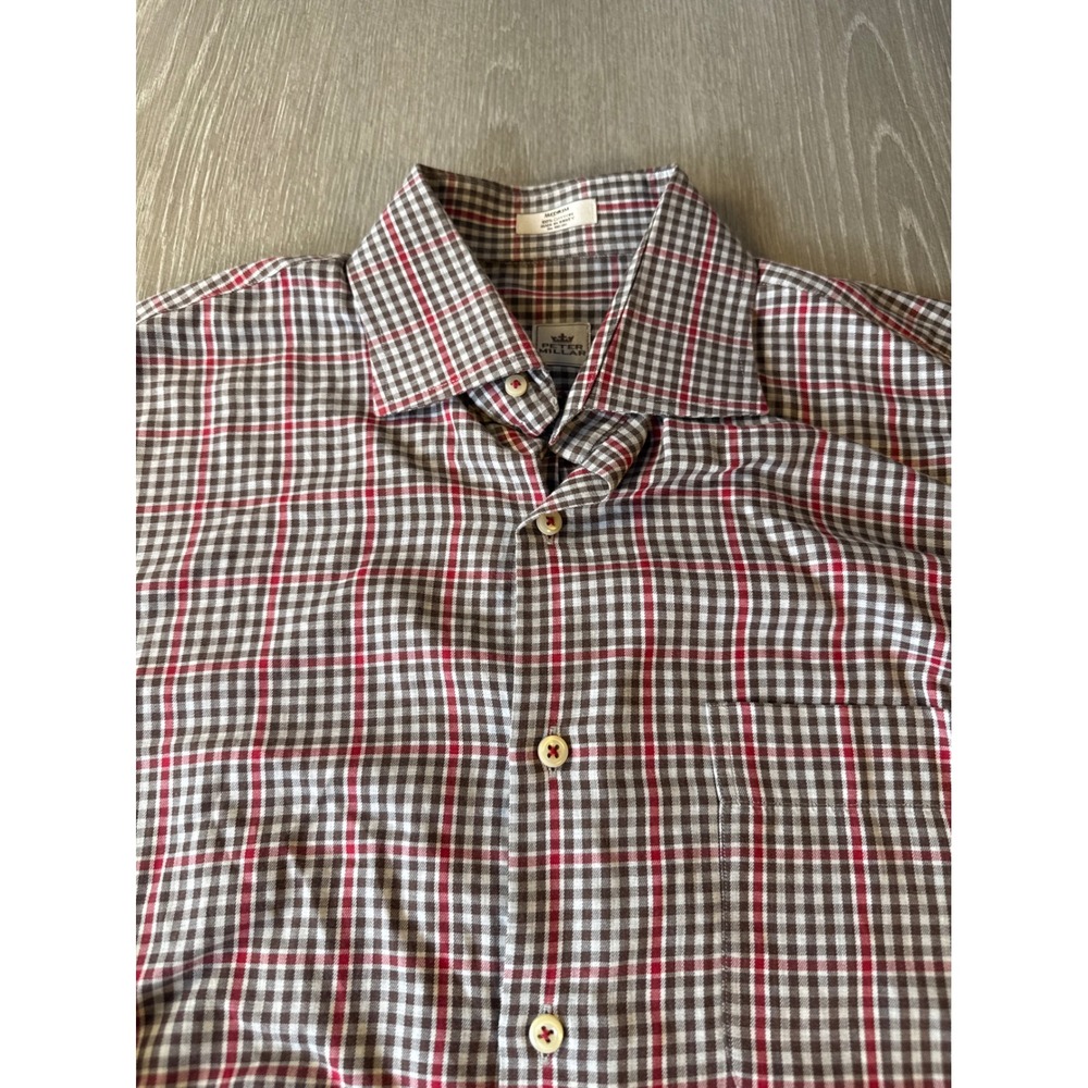 Peter Millar Mens Medium Brown Red Plaid Cotton Long Sleeve Button Down Shirt